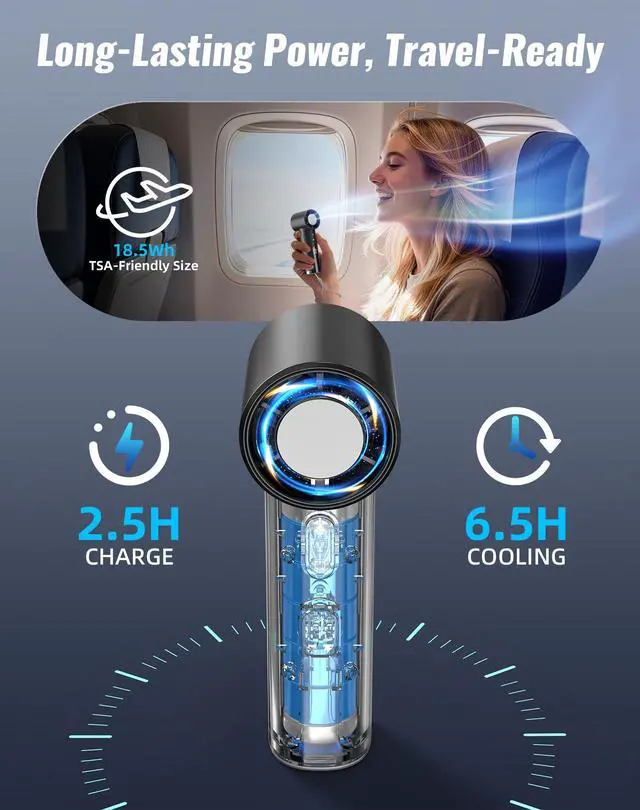Alt view image 5 of 7 - Portable Handheld Fan, Turbo Power 18800 RPM Fast Charge Digital Display 100 Speeds Adjustable, Mini Pocket Design Birthday Gifts for Women Men Travel Cruise Camping Outdoor, Black