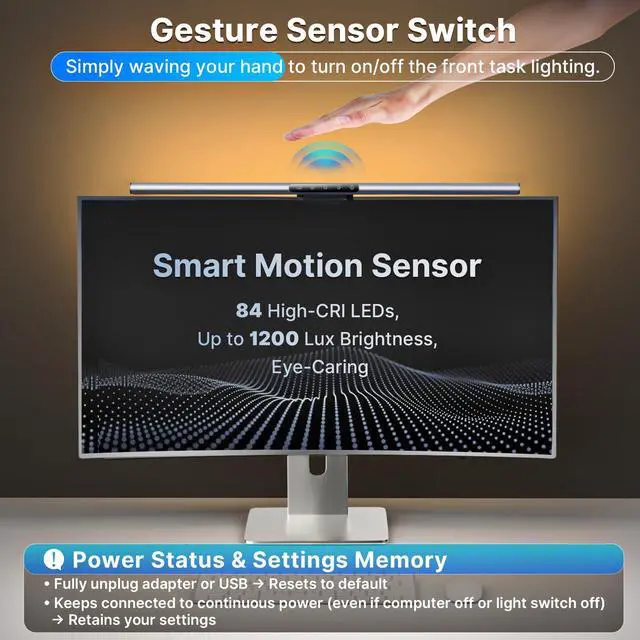 Alt view image 2 of 7 - 16.7" Computer Monitor Light Bar with Ambient Backlight, USB Reading LED Lamp, Screen Monitor Lamp, Touch + Gesture Control, Dimmable Desk Light, Eye-Caring, No Screen Glare for (Basic)