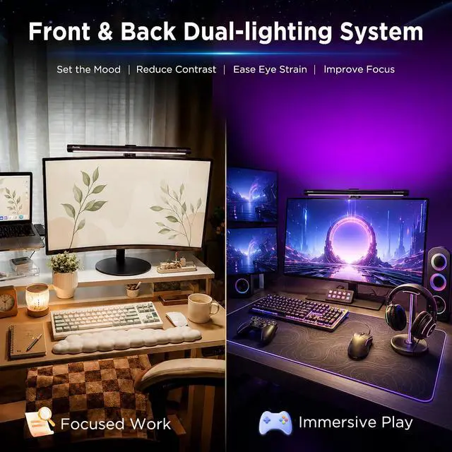 Alt view image 2 of 7 - Monitor Light Bar 15.7", 24 RGB Backlight Modes for lmmersive Gaming Ambience, 900 Lux Glare-Free Computer Screen Lamp, High CRI 95 Eye Care Desk Light for Home Office