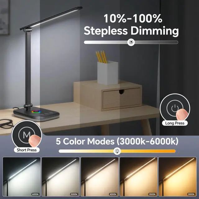 Alt view image 2 of 7 - Bright LED Desk Lamp for Office Home, 10%-100% Dimmable Brightness & 5 Color, 800 Lumen Puzzle Light, Eye Caring Desk Light for Reading, Craft, Puzzl, Daily Use | USB desk lamp | 45 Min Timer | RGB