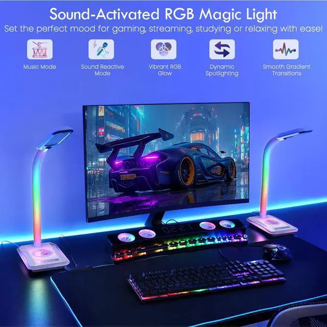 Alt view image 2 of 7 - RGB Gaming Desk Lamp with Music Sync,Dimmable LED Lamp with Wireless Charging Station,USB Charging Port,Color Changing Touch Control Light for Gamer Room Decor,Reading,Office,Gift Ideas