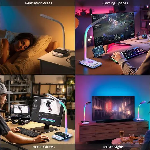 Alt view image 4 of 7 - RGB Gaming Desk Lamp with Music Sync,Dimmable LED Lamp with Wireless Charging Station,USB Charging Port,Color Changing Touch Control Light for Gamer Room Decor,Reading,Office,Gift Ideas