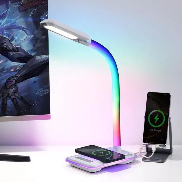 Alt view image 7 of 7 - RGB Gaming Desk Lamp with Music Sync,Dimmable LED Lamp with Wireless Charging Station,USB Charging Port,Color Changing Touch Control Light for Gamer Room Decor,Reading,Office,Gift Ideas