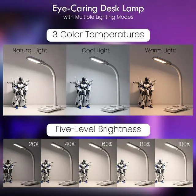 Alt view image 5 of 7 - RGB Gaming Desk Lamp with Music Sync,Dimmable LED Lamp with Wireless Charging Station,USB Charging Port,Color Changing Touch Control Light for Gamer Room Decor,Reading,Office,Gift Ideas