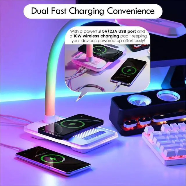 Alt view image 3 of 7 - RGB Gaming Desk Lamp with Music Sync,Dimmable LED Lamp with Wireless Charging Station,USB Charging Port,Color Changing Touch Control Light for Gamer Room Decor,Reading,Office,Gift Ideas