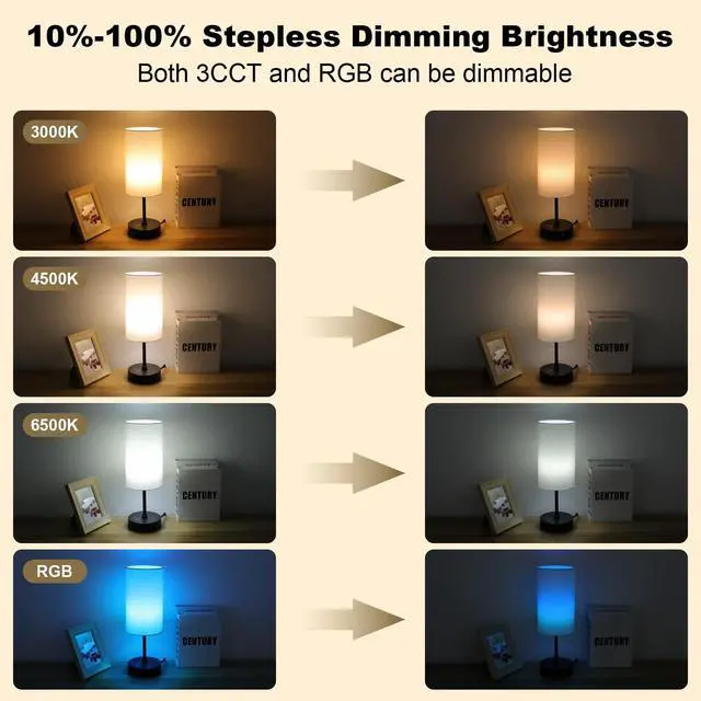 Alt view image 4 of 7 - Table Lamp,3 CCT 3000K/4500K/6500K & RGB Color Changing,Stepless Dimmable Touch Control Bedside Lamp for Reading,Ambience Nightstand Light for Home Decor Party,White Shade