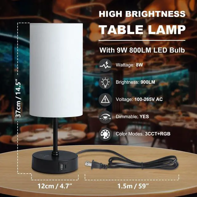 Alt view image 7 of 7 - Table Lamp,3 CCT 3000K/4500K/6500K & RGB Color Changing,Stepless Dimmable Touch Control Bedside Lamp for Reading,Ambience Nightstand Light for Home Decor Party,White Shade