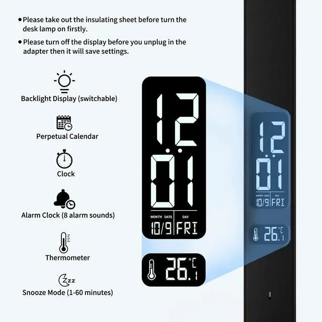 Alt view image 2 of 7 - LED Desk Lamp with Charger, USB Charging Port, Dual Swing Arm Desk Light with 5 Brightness, 3 Colors, Table Lamp with Clock, Alarm, Date, Temperature, Desk Lamp for Home Office Study (Black)