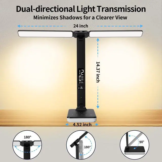 Alt view image 4 of 7 - LED Desk Lamp with Charger, USB Charging Port, Dual Swing Arm Desk Light with 5 Brightness, 3 Colors, Table Lamp with Clock, Alarm, Date, Temperature, Desk Lamp for Home Office Study (Black)