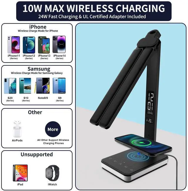 Alt view image 5 of 7 - LED Desk Lamp with Charger, USB Charging Port, Dual Swing Arm Desk Light with 5 Brightness, 3 Colors, Table Lamp with Clock, Alarm, Date, Temperature, Desk Lamp for Home Office Study (Black)
