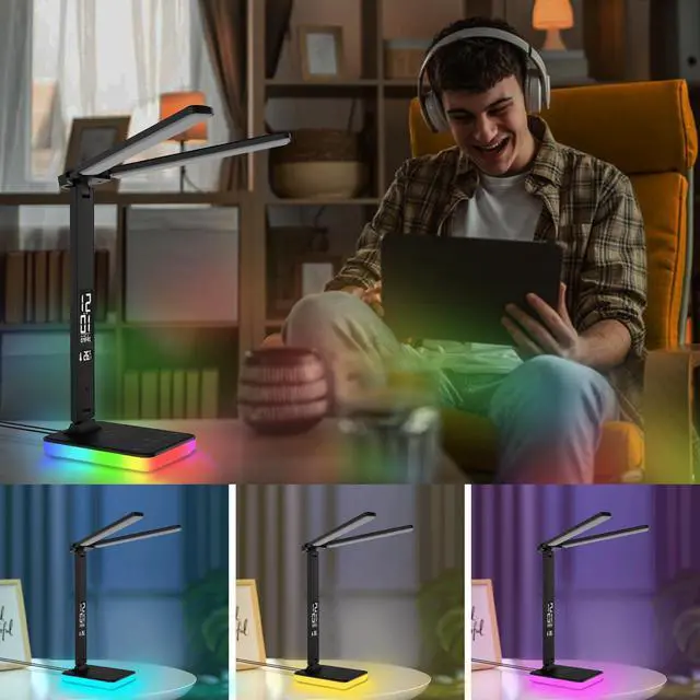 Alt view image 6 of 7 - LED Desk Lamp with Charger, USB Charging Port, Dual Swing Arm Desk Light with 5 Brightness, 3 Colors, Table Lamp with Clock, Alarm, Date, Temperature, Desk Lamp for Home Office Study (Black)