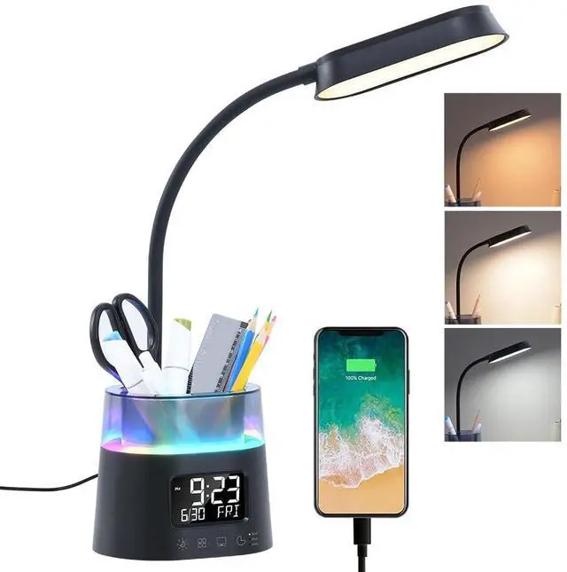 Main image of LED Kids Desk Lamp, Dimmable Study Lamp for Home Office Desk Accessories, with Pen Holder & Clock, USB Charging Port, RGB Night Light, Bedroom & College Dorm Room Essentials for Girls - Black
