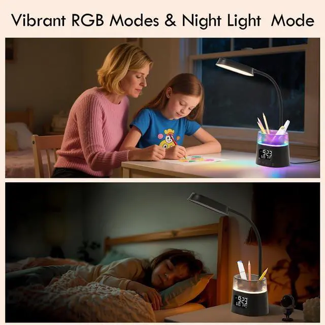 Alt view image 2 of 7 - LED Kids Desk Lamp, Dimmable Study Lamp for Home Office Desk Accessories, with Pen Holder & Clock, USB Charging Port, RGB Night Light, Bedroom & College Dorm Room Essentials for Girls - Black