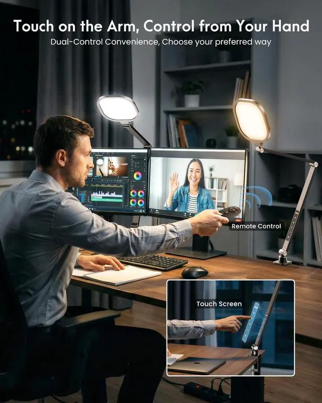 Alt view image 6 of 7 - Zoom Lighting for Computer, Desk Ring Light with C-Clamp for Video Conference Lighting, Dimmable Light for Video Recording, Meeting, Video Calls, Adjustable Swing Arm, Remote, Memory & Timer CRI >95
