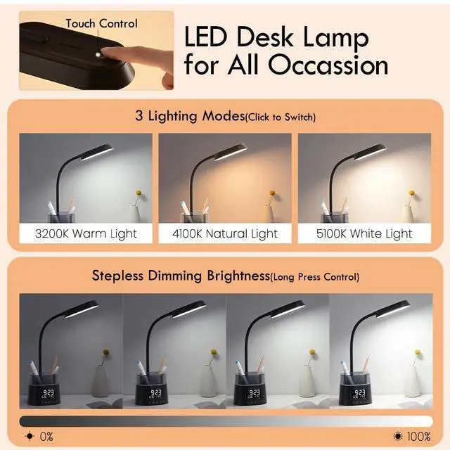 Alt view image 3 of 7 - LED Kids Desk Lamp, Dimmable Study Lamp for Home Office Desk Accessories, with Pen Holder & Clock, USB Charging Port, RGB Night Light, Bedroom & College Dorm Room Essentials for Girls - Black