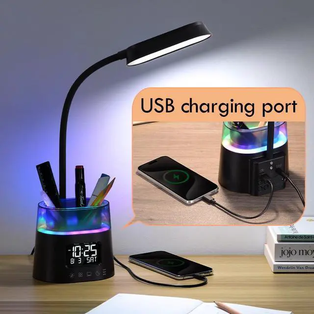 Alt view image 4 of 7 - LED Kids Desk Lamp, Dimmable Study Lamp for Home Office Desk Accessories, with Pen Holder & Clock, USB Charging Port, RGB Night Light, Bedroom & College Dorm Room Essentials for Girls - Black