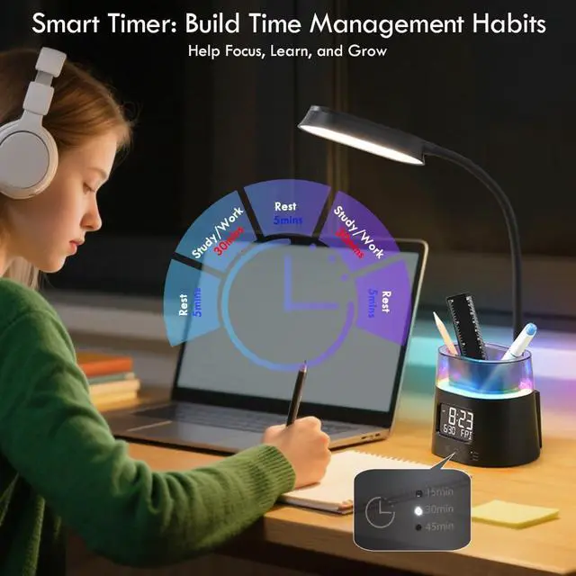 Alt view image 5 of 7 - LED Kids Desk Lamp, Dimmable Study Lamp for Home Office Desk Accessories, with Pen Holder & Clock, USB Charging Port, RGB Night Light, Bedroom & College Dorm Room Essentials for Girls - Black
