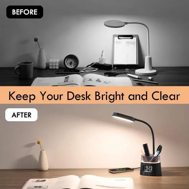 Alt view image 6 of 7 - LED Kids Desk Lamp, Dimmable Study Lamp for Home Office Desk Accessories, with Pen Holder & Clock, USB Charging Port, RGB Night Light, Bedroom & College Dorm Room Essentials for Girls - Black