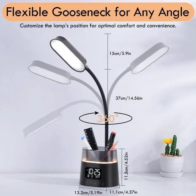 Alt view image 7 of 7 - LED Kids Desk Lamp, Dimmable Study Lamp for Home Office Desk Accessories, with Pen Holder & Clock, USB Charging Port, RGB Night Light, Bedroom & College Dorm Room Essentials for Girls - Black