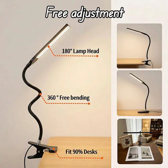 Alt view image 3 of 7 - LED Clip on Reading Light, USB Desk Lamp with 32 LED Eye Protection, 360° Flexible Arm, Dimmable Clamp Light for Bed Headboard Home Office Study 7W Black