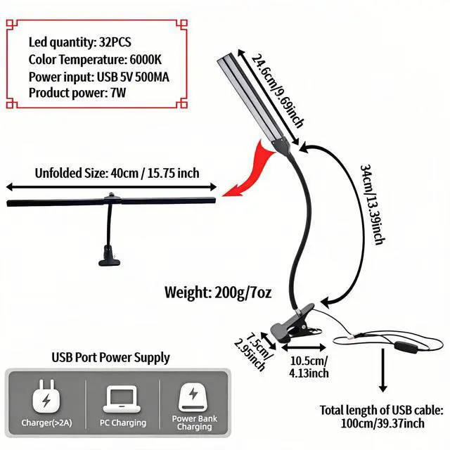Alt view image 6 of 7 - LED Clip on Reading Light, USB Desk Lamp with 32 LED Eye Protection, 360° Flexible Arm, Dimmable Clamp Light for Bed Headboard Home Office Study 7W Black