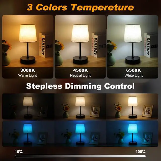 Alt view image 2 of 7 - Small Bedside Table lamp, RGB Color Changing Lamps, 3 Color Temperatures, Dimmable Nightstand Lamp with USB C+A Ports, Touch Desk Lamp for Bedroom Living Room, H11.4in(Flaxen Shade)