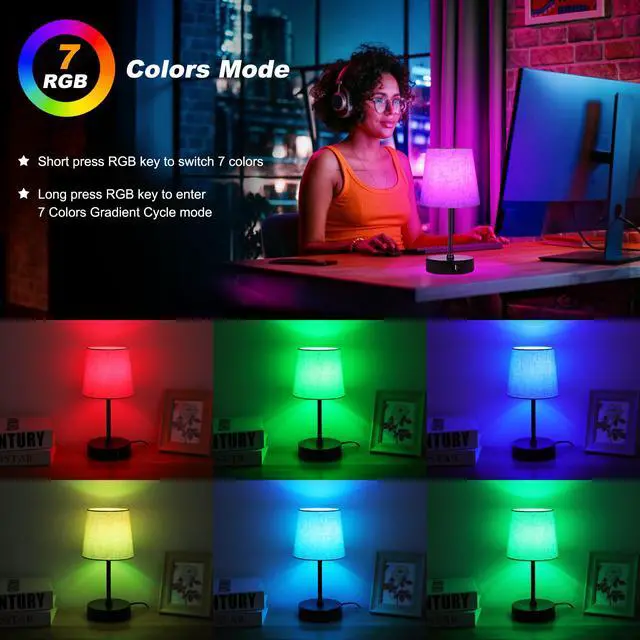 Alt view image 3 of 7 - Small Bedside Table lamp, RGB Color Changing Lamps, 3 Color Temperatures, Dimmable Nightstand Lamp with USB C+A Ports, Touch Desk Lamp for Bedroom Living Room, H11.4in(Flaxen Shade)