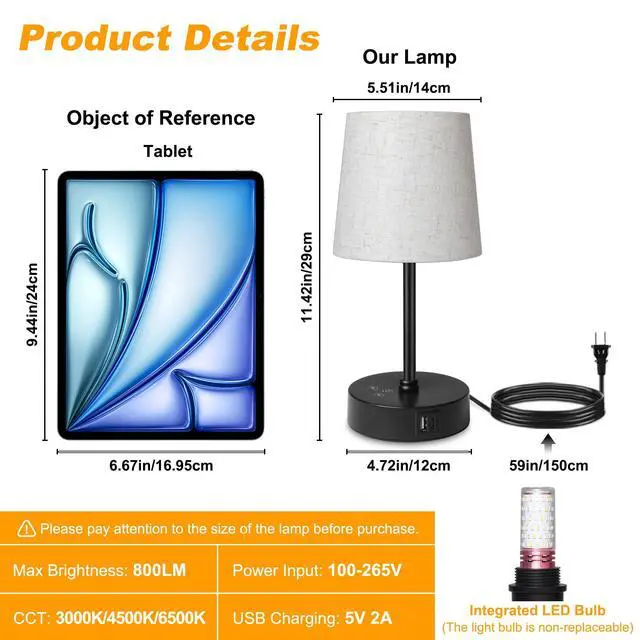 Alt view image 5 of 7 - Small Bedside Table lamp, RGB Color Changing Lamps, 3 Color Temperatures, Dimmable Nightstand Lamp with USB C+A Ports, Touch Desk Lamp for Bedroom Living Room, H11.4in(Flaxen Shade)