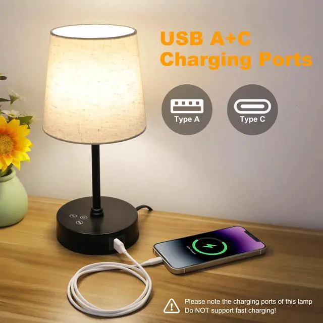 Alt view image 4 of 7 - Small Bedside Table lamp, RGB Color Changing Lamps, 3 Color Temperatures, Dimmable Nightstand Lamp with USB C+A Ports, Touch Desk Lamp for Bedroom Living Room, H11.4in(Flaxen Shade)