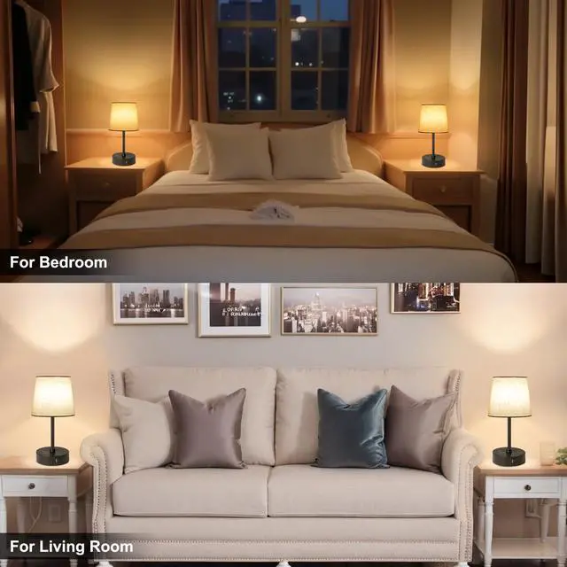 Alt view image 6 of 7 - Small Bedside Table lamp, RGB Color Changing Lamps, 3 Color Temperatures, Dimmable Nightstand Lamp with USB C+A Ports, Touch Desk Lamp for Bedroom Living Room, H11.4in(Flaxen Shade)