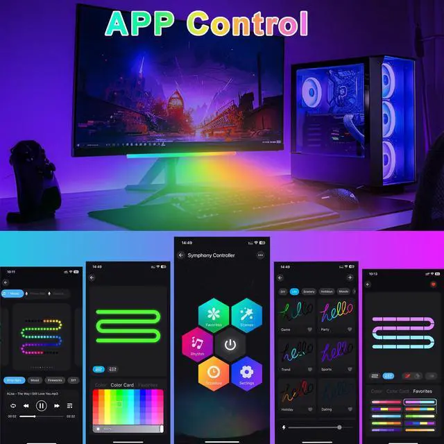 Alt view image 4 of 6 - Under Monitor RGB Light Bar, 12 Inch USB Powered RGB Gaming Light Bar with APP Control, Music Sync LED Monitor Backlight, 5V 2A Ambient Desk Light for PC, Gaming Setup, TV, Desktop