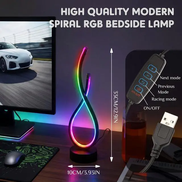 Alt view image 2 of 6 - Spiral Unique Desk Lamp RGB Modern Spiral LED Table Lamp Bedside Nightstand Remote Control Dimmable 8 Colors 36 Light Mode Cool Stepless Desk Lamps USB Gaming Living Room Bedroom Gift, Black