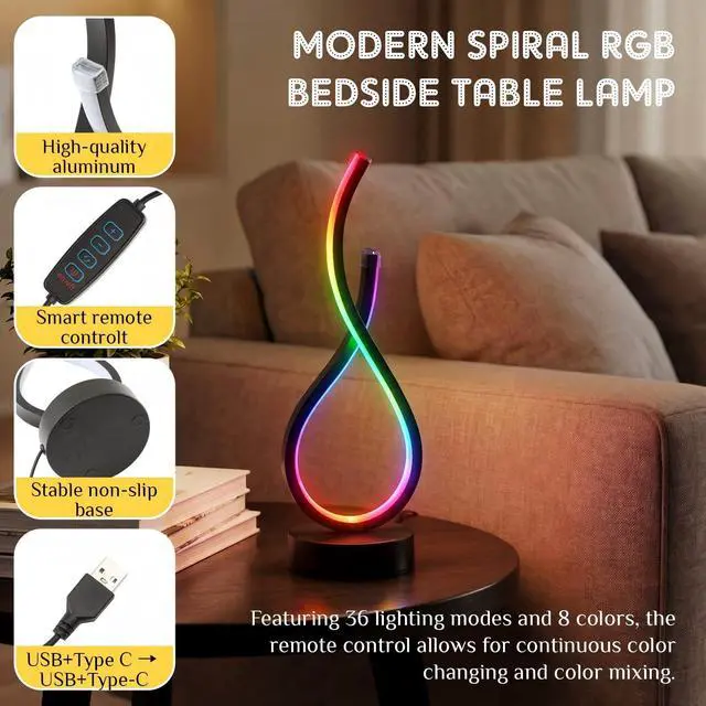 Alt view image 3 of 6 - Spiral Unique Desk Lamp RGB Modern Spiral LED Table Lamp Bedside Nightstand Remote Control Dimmable 8 Colors 36 Light Mode Cool Stepless Desk Lamps USB Gaming Living Room Bedroom Gift, Black