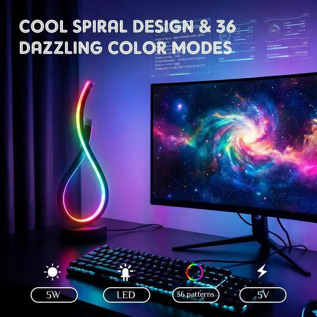 Alt view image 4 of 6 - Spiral Unique Desk Lamp RGB Modern Spiral LED Table Lamp Bedside Nightstand Remote Control Dimmable 8 Colors 36 Light Mode Cool Stepless Desk Lamps USB Gaming Living Room Bedroom Gift, Black