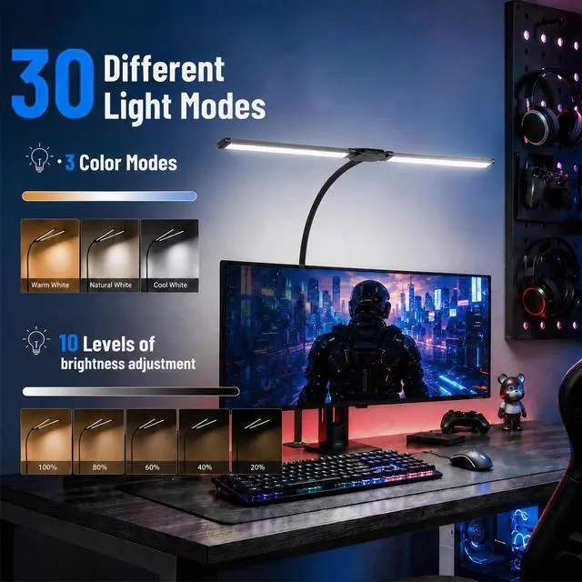 Alt view image 2 of 7 - LED Desk Lamp for Home Office, Eye-Care Architect Light with Clamp, Double Head Computer Monitor Table Light with 3 Color Modes 10 Brightness, Adjustable for Reading, Study, Drafting, Workbench, Black