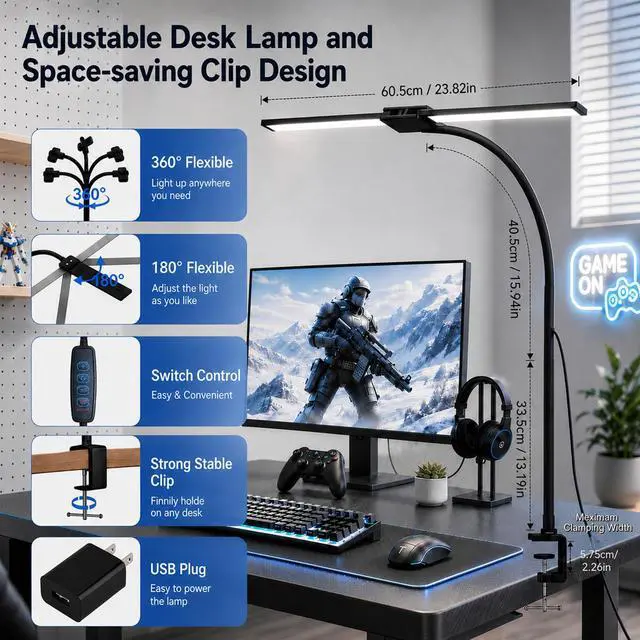 Alt view image 3 of 7 - LED Desk Lamp for Home Office, Eye-Care Architect Light with Clamp, Double Head Computer Monitor Table Light with 3 Color Modes 10 Brightness, Adjustable for Reading, Study, Drafting, Workbench, Black