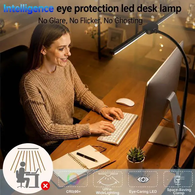 Alt view image 4 of 7 - LED Desk Lamp for Home Office, Eye-Care Architect Light with Clamp, Double Head Computer Monitor Table Light with 3 Color Modes 10 Brightness, Adjustable for Reading, Study, Drafting, Workbench, Black
