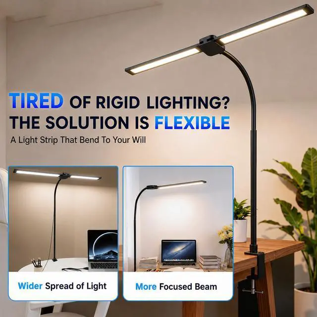 Alt view image 6 of 7 - LED Desk Lamp for Home Office, Eye-Care Architect Light with Clamp, Double Head Computer Monitor Table Light with 3 Color Modes 10 Brightness, Adjustable for Reading, Study, Drafting, Workbench, Black