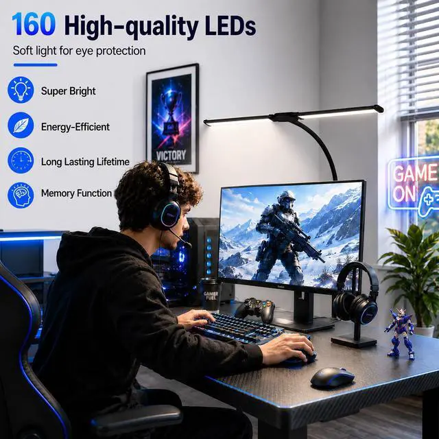 Alt view image 5 of 7 - LED Desk Lamp for Home Office, Eye-Care Architect Light with Clamp, Double Head Computer Monitor Table Light with 3 Color Modes 10 Brightness, Adjustable for Reading, Study, Drafting, Workbench, Black