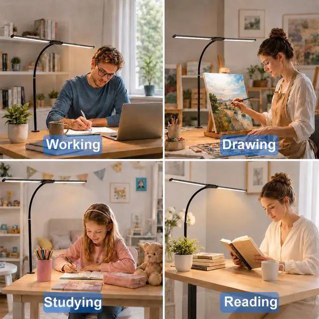 Alt view image 7 of 7 - LED Desk Lamp for Home Office, Eye-Care Architect Light with Clamp, Double Head Computer Monitor Table Light with 3 Color Modes 10 Brightness, Adjustable for Reading, Study, Drafting, Workbench, Black