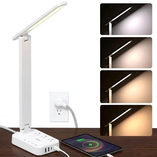 Main image of LED Desk Lamp, Power Strip with 3 Outlets 4 USB Charging Ports(2 USBC), 4 Modes 5 Level Brightness Touch Lamp, Small Desk Lamp for Home Office College Dorm Room Essentials, White