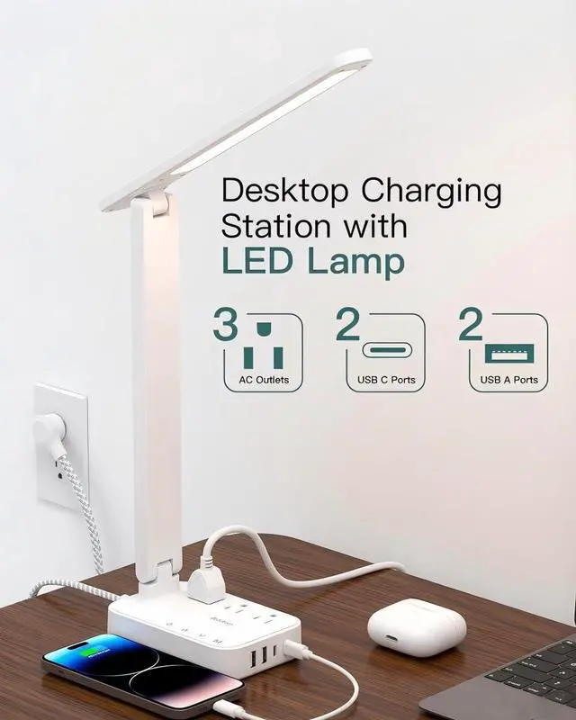 Alt view image 2 of 7 - LED Desk Lamp, Power Strip with 3 Outlets 4 USB Charging Ports(2 USBC), 4 Modes 5 Level Brightness Touch Lamp, Small Desk Lamp for Home Office College Dorm Room Essentials, White