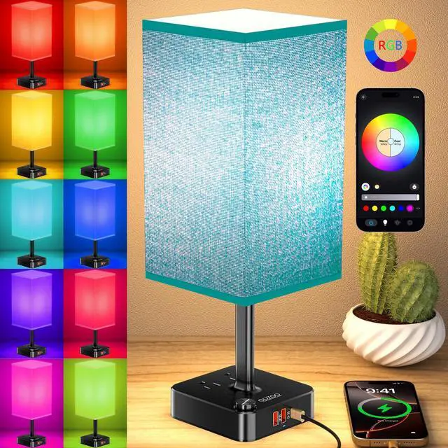 Main image of Bluetooth Smart RGB Bedside Table Lamp for Bedroom with 3 USB Charging Ports and 2 AC Outlets, Sync with Music Stepless Dimming Nightstand Light for Party/Home/Bedroom/Living Room, Green
