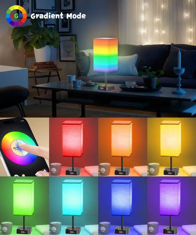 Alt view image 3 of 7 - Bluetooth Smart RGB Bedside Table Lamp for Bedroom with 3 USB Charging Ports and 2 AC Outlets, Sync with Music Stepless Dimming Nightstand Light for Party/Home/Bedroom/Living Room, Green
