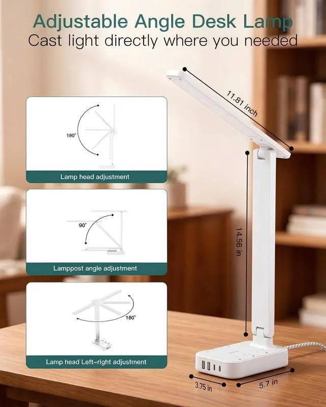 Alt view image 4 of 7 - LED Desk Lamp, Power Strip with 3 Outlets 4 USB Charging Ports(2 USBC), 4 Modes 5 Level Brightness Touch Lamp, Small Desk Lamp for Home Office College Dorm Room Essentials, White
