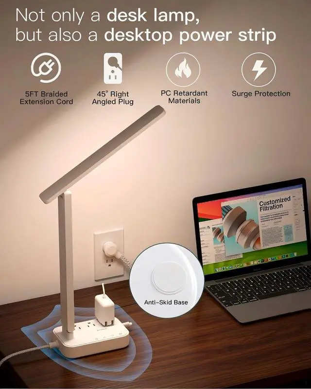 Alt view image 5 of 7 - LED Desk Lamp, Power Strip with 3 Outlets 4 USB Charging Ports(2 USBC), 4 Modes 5 Level Brightness Touch Lamp, Small Desk Lamp for Home Office College Dorm Room Essentials, White