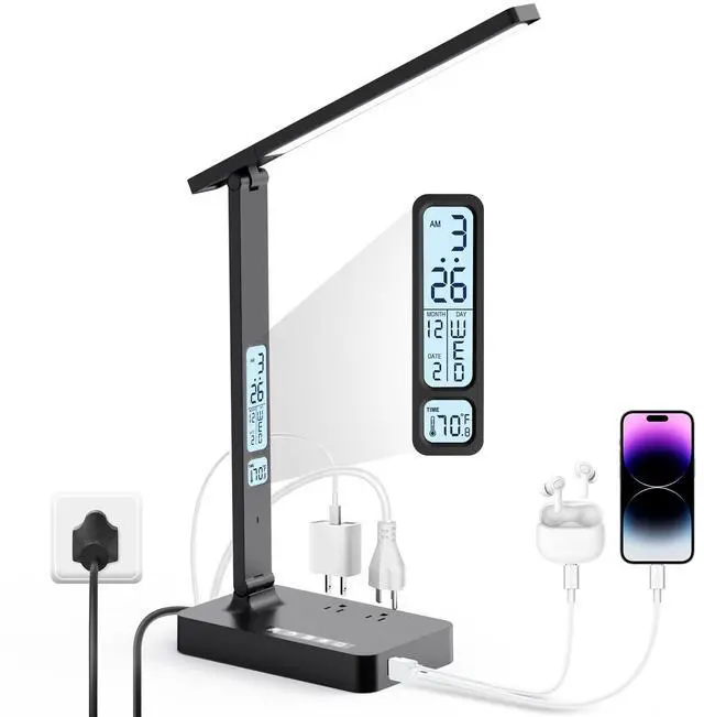 Main image of Desk Lamp with USB Charging Port: LED Stepless Dimmable Eye Caring Desk Light for Home Office - 1 Type-C, 1 USB-A Charging Port, 2 AC Power Outlets, Multiple Light Modes for Study and Bedroom