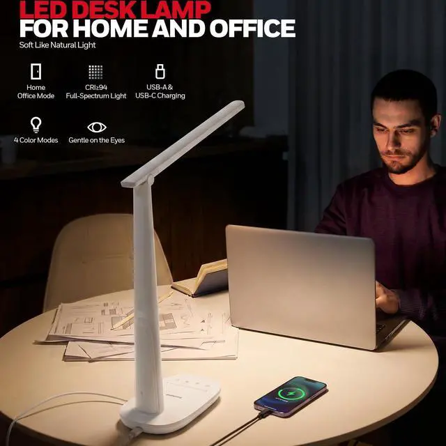 Alt view image 2 of 7 - LED Desk Lamp for Home Office, Eye-Caring Dimmable Reading Light with 4 Color Modes, Touch Control, USB-A & USB-C Charging Ports, Adjustable Head, Timer for Bedroom & Small Desks