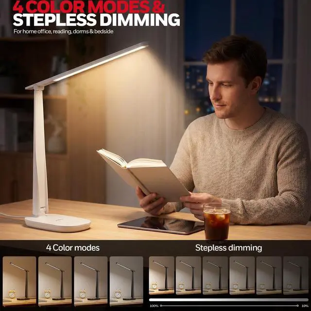 Alt view image 3 of 7 - LED Desk Lamp for Home Office, Eye-Caring Dimmable Reading Light with 4 Color Modes, Touch Control, USB-A & USB-C Charging Ports, Adjustable Head, Timer for Bedroom & Small Desks