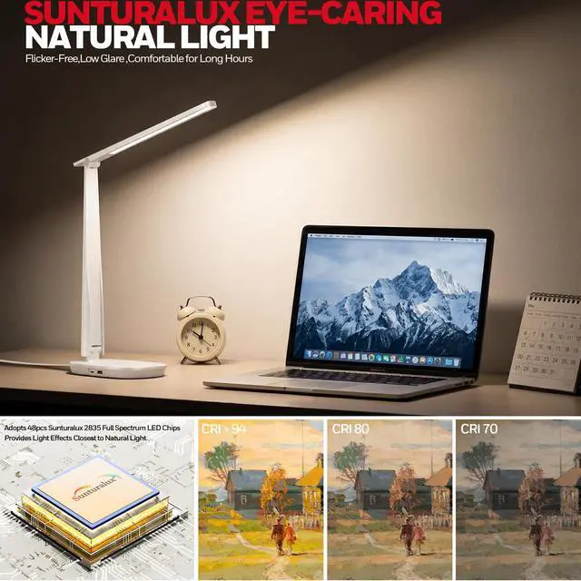 Alt view image 4 of 7 - LED Desk Lamp for Home Office, Eye-Caring Dimmable Reading Light with 4 Color Modes, Touch Control, USB-A & USB-C Charging Ports, Adjustable Head, Timer for Bedroom & Small Desks